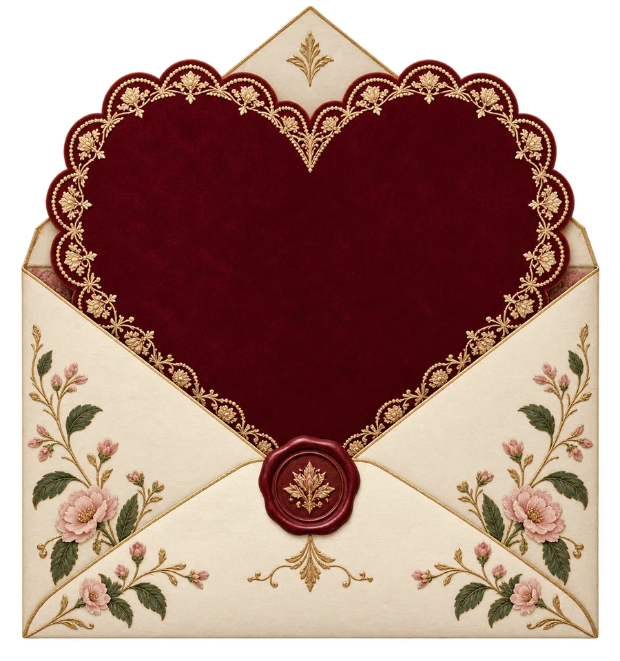 Cream floral envelope with a burgundy heart